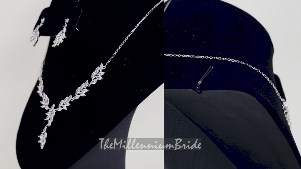 Swarovski Crystal Dainty Vine Leaves Necklace, Long Bridal Jewelry, Bridal Earrings And Necklace, Statement Earrings Cz Necklace Set.