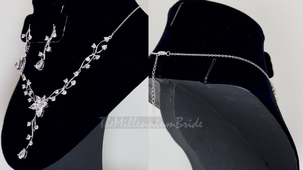 Swarovski Crystal Flower Vine Leaves Necklace, Long Bridal Jewelry, Bridal Earrings And Necklace, Statement Earrings Cz Necklace Set.