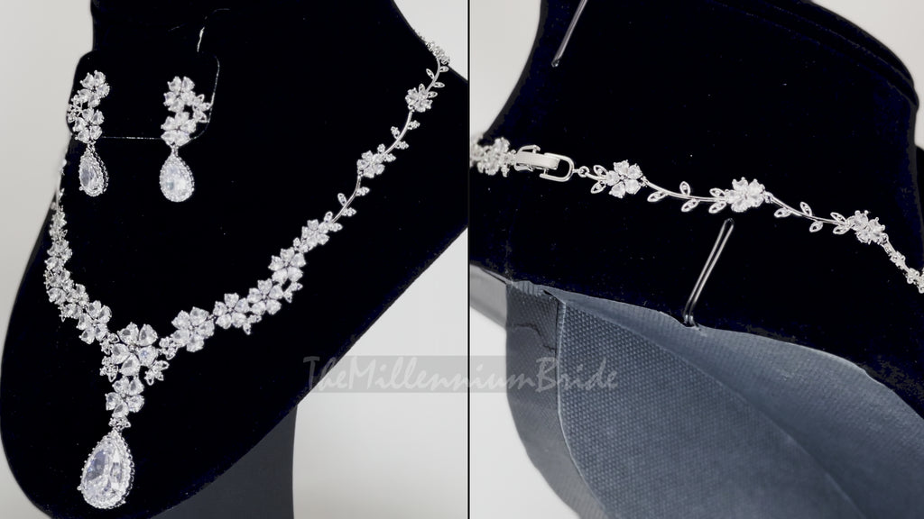 Swarovski Crystal Heart Floral Vine Leaves Necklace, Long Bridal Jewelry, Bridal Earrings And Necklace, Statement Earrings Cz Necklace Set