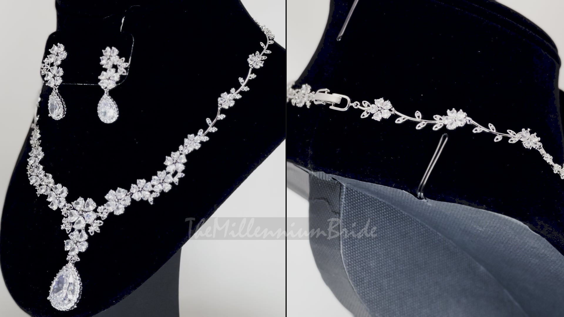 Swarovski Crystal Heart Floral Vine Leaves Necklace, Long Bridal Jewelry, Bridal Earrings And Necklace, Statement Earrings Cz Necklace Set