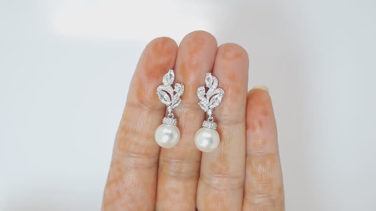 Cubic Zirconia White Pearl drop Dainty stud Earrings, Bridal Jewelry, Bridal Stud Earrings, Crystal Bridal Earrings, Statement Earrings Cz