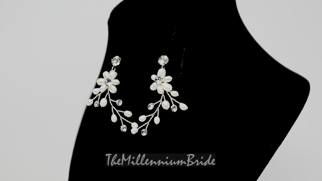 Swarovski Freshwater Pearls White Vine Crystal, Long Bridal Jewelry Bridal Earrings Crystal Bridal Earrings Statement Earrings Cz