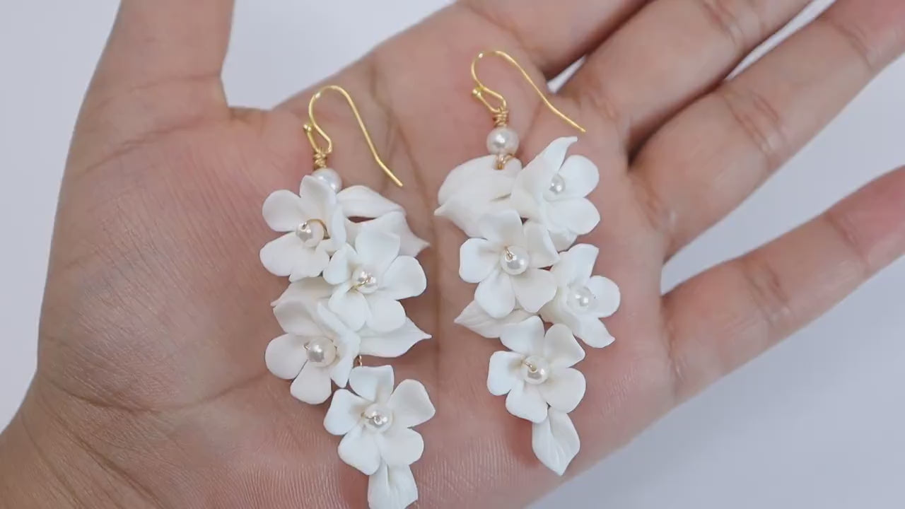 White Flower Petals Pearl Earrings, Long Bridal Jewelry Bridal Earrings Crystal Bridal Earrings Statement Earrings Cz