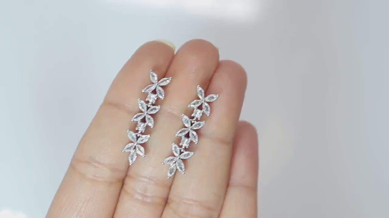 CZ Leafy Sparklers Dainty Earrings, Diamond Leaves Earrings, Long Bridal Jewelry, Bridal Earrings, Crystal Bridal Earrings Cz