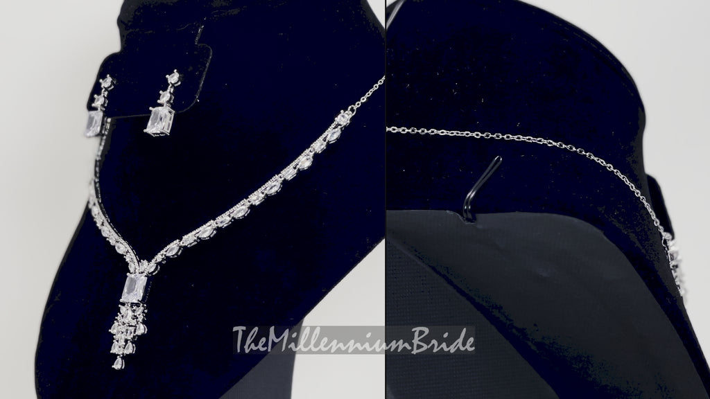 Swarovski Queens Treasure Necklace set, Long Bridal Jewelry, Bridal Earrings And Necklace, Statement Earrings Cz Necklace Set.