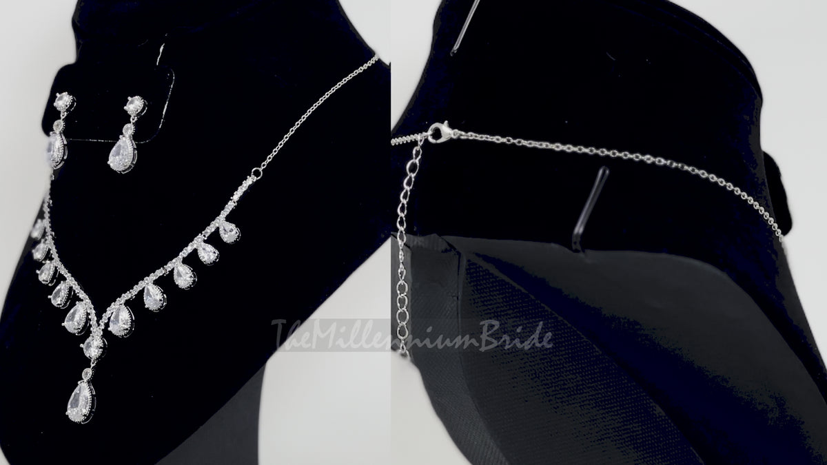 Swarovski Crystal Bridal V Drop Necklace , Long Bridal Jewelry, Bridal Earrings And Necklace, Statement Earrings Cz Necklace Set.