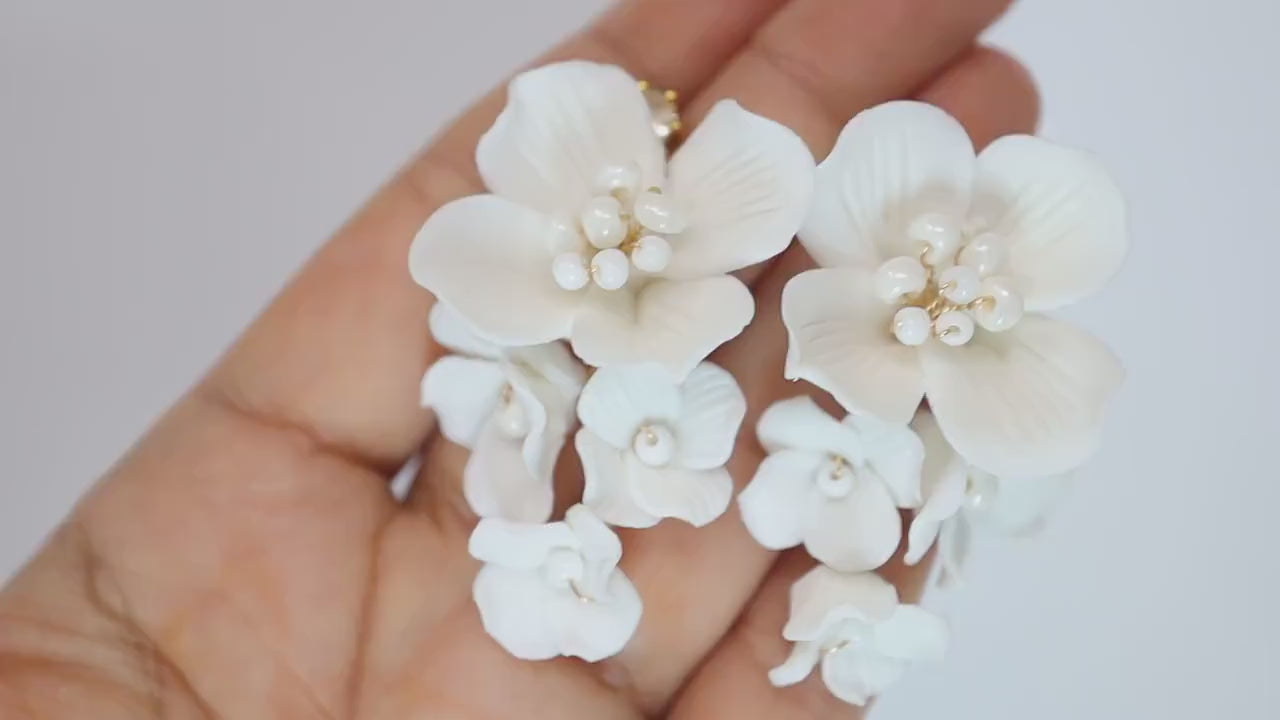 Swarovski Ceramic White Flower Pearl Sparkling Crystal Long Bridal Jewelry Crystal Bridal Earrings Statement Earrings Cz