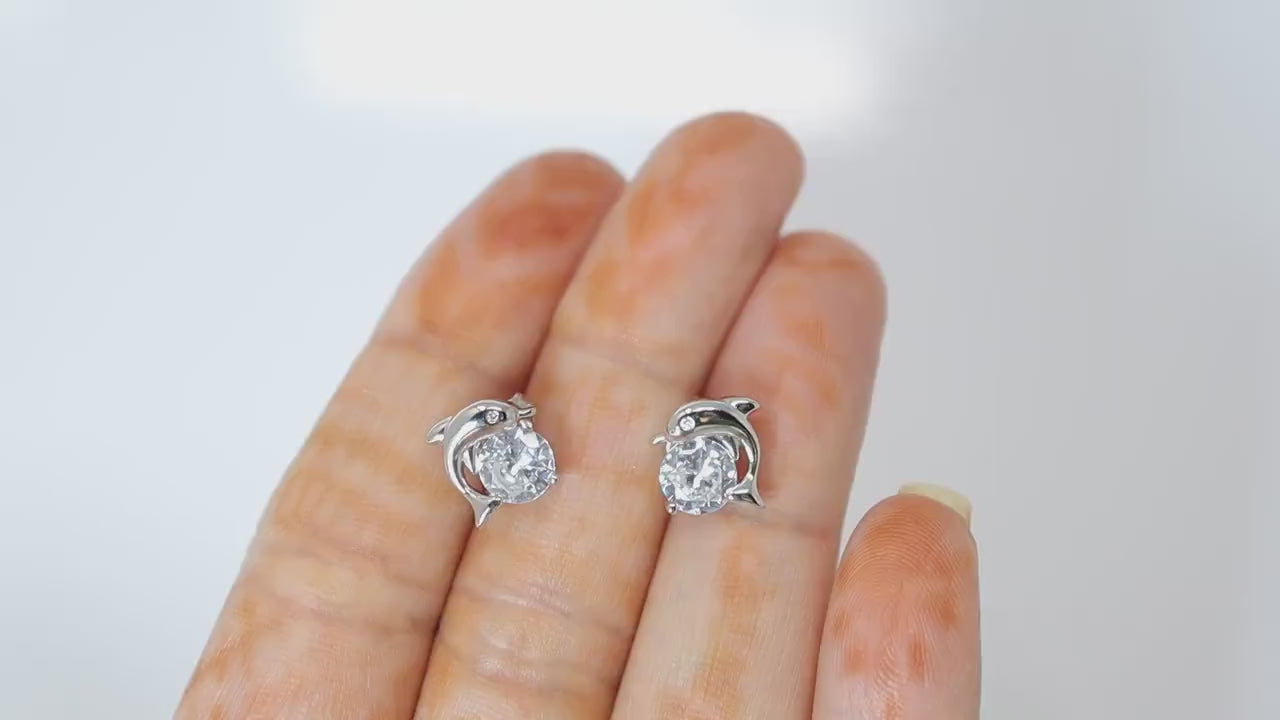 Cubic Zirconia Silver Dainty Dolphin stud Earrings, Bridal Jewelry, Bridal Stud Earrings, Crystal Bridal Earrings, Statement Earrings Cz