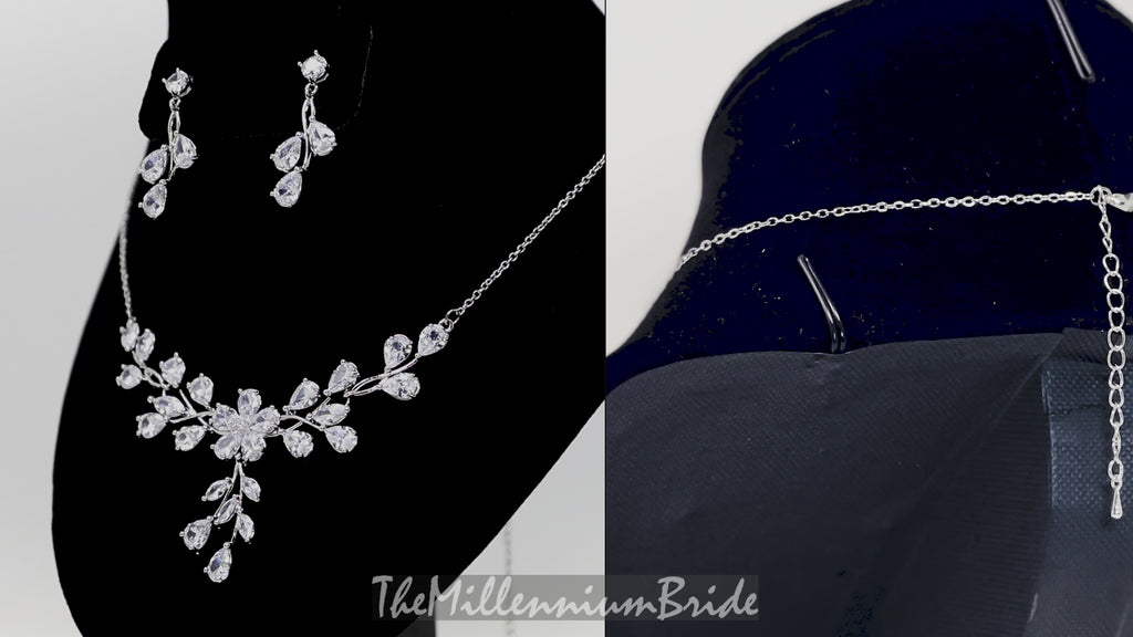 Swarovski Crystal Leaves, Long Bridal Jewelry, Bridal Earrings And Necklace, Crystal Bridal Earrings, Statement Earrings Cz Necklace Set.