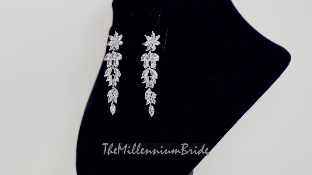 Cubic Zirconia Diamond flower Leaves long Drop Crystal, Diamond Earrings, Long Bridal Earrings, Crystal Bridal Earrings, Statement Earrings