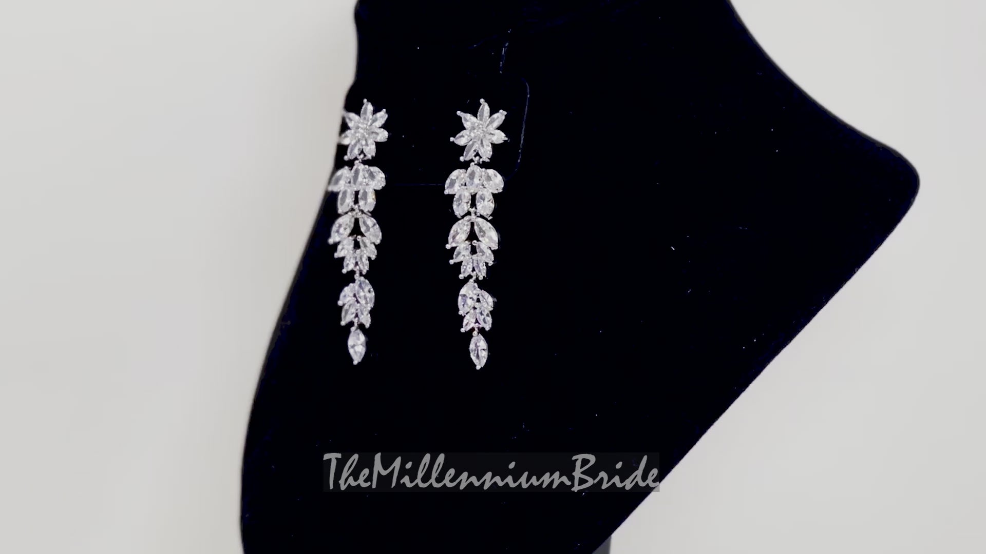 Cubic Zirconia Diamond flower Leaves long Drop Crystal, Diamond Earrings, Long Bridal Earrings, Crystal Bridal Earrings, Statement Earrings