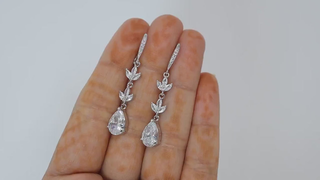 Cubic Zirconia Dainty Diamond Drop Crystal, Diamond Leaves Earrings, Long Bridal Jewelry, Bridal Earrings, Crystal Bridal Earrings Cz