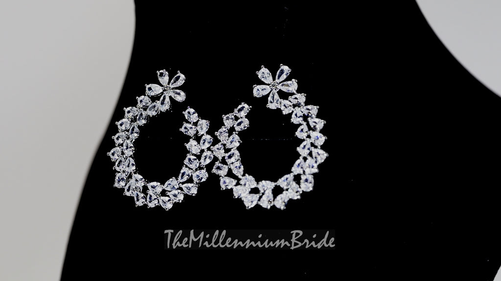 Swarovski Crystal Flower Circle Drops stud Earrings, Bridal Stud Earrings, Crystal Bridal Earrings, Statement Earrings Cz