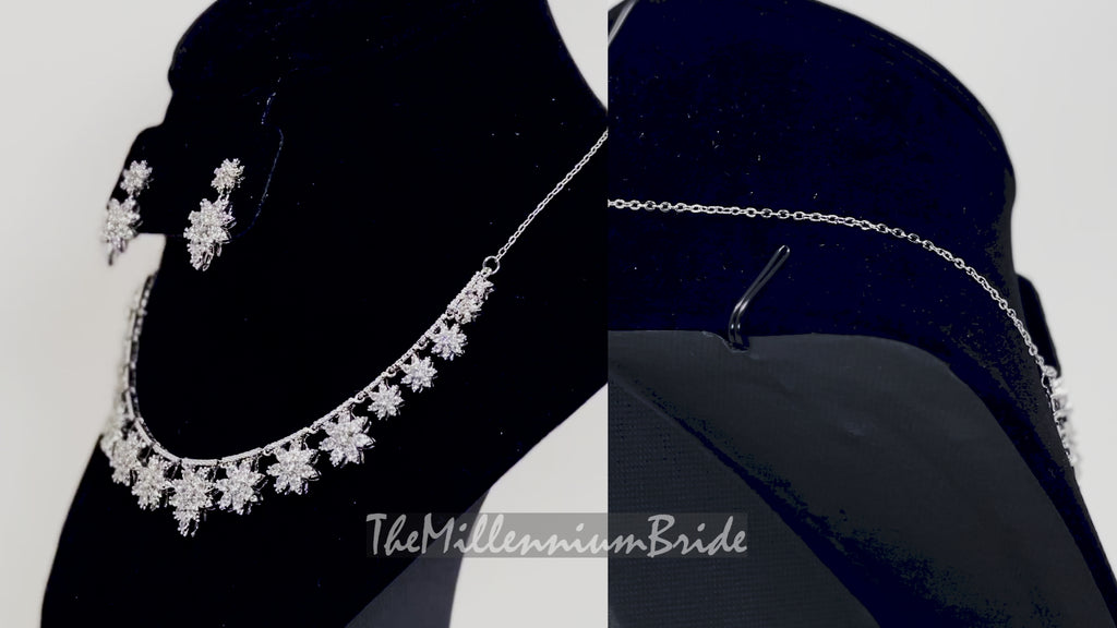 Swarovski Crystal Floral Necklace Set, Long Bridal Jewelry, Bridal Earrings And Necklace, Statement Earrings Cz Necklace Set.