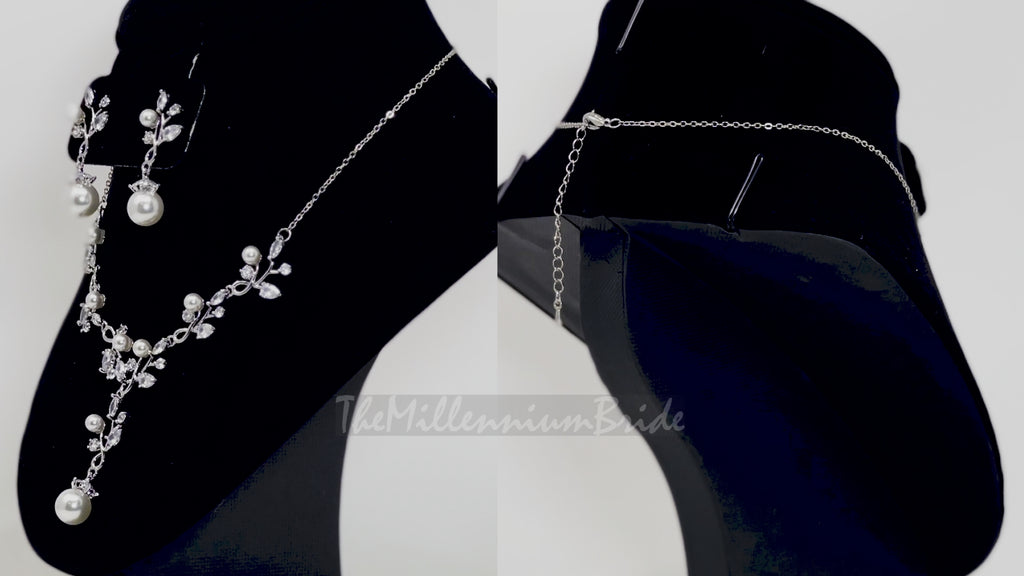 CZ Crystal Floral Pearl Vine Leaves Necklace, Long Bridal Jewelry, Bridal Earrings And Necklace, Statement Earrings Cz Necklace Set.