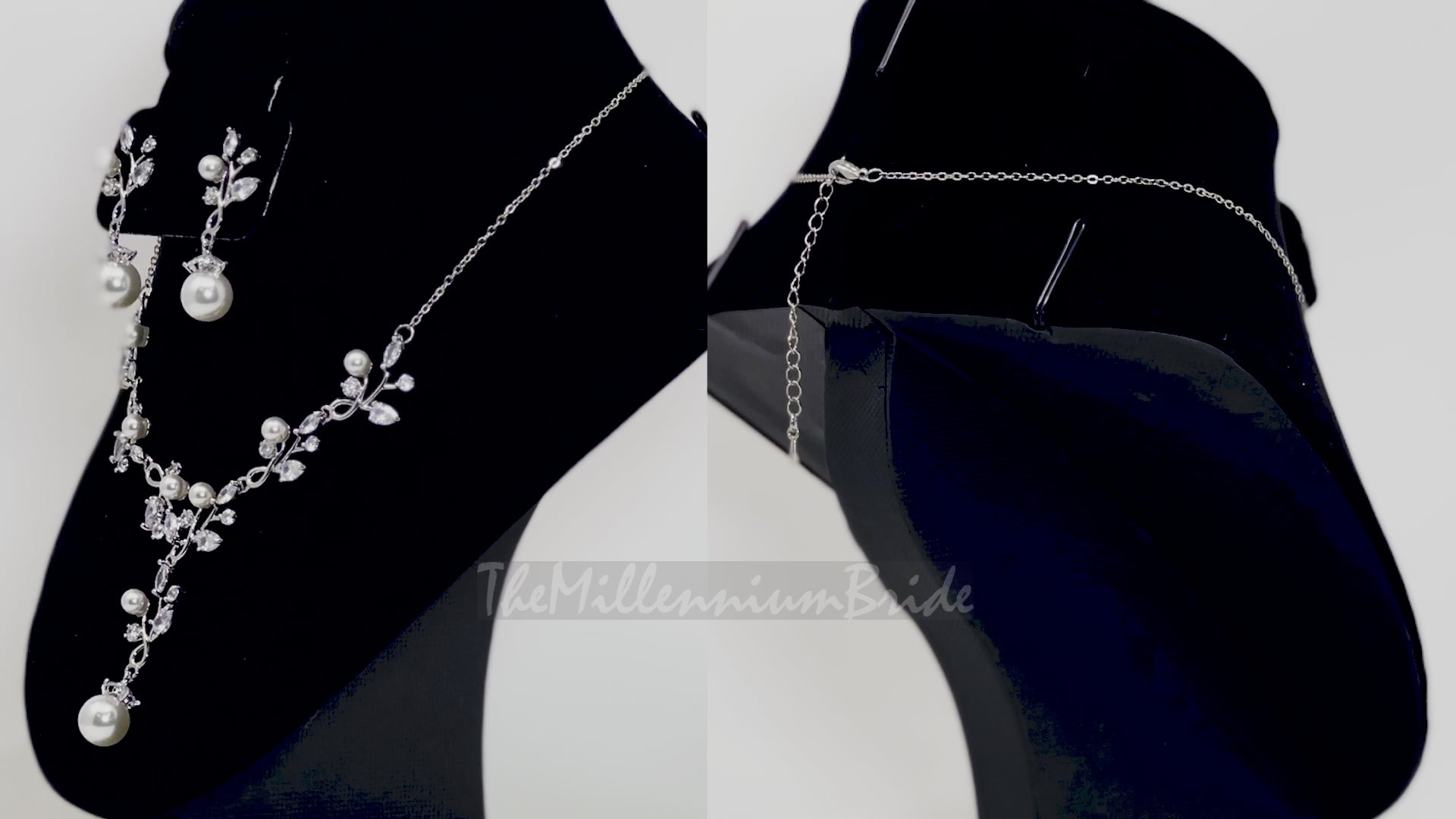 CZ Crystal Floral Pearl Vine Leaves Necklace, Long Bridal Jewelry, Bridal Earrings And Necklace, Statement Earrings Cz Necklace Set.