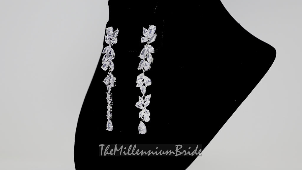 Flower Dangle Crystal/Diamond Earrings, Long Bridal Jewelry, Bridal Earrings, Crystal Bridal Earrings, Statement Earrings Cz