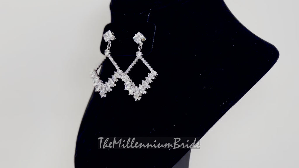 Cubic Zirconia long Geometric Hollow Drop, Dangle Crystal, Diamond Earring, Bridal Jewelry, Crystal Bridal Earrings, Statement Earrings Cz