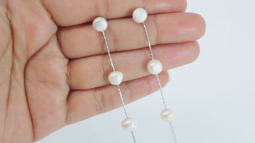 14k Gold 5 Freshwater Cultured pearl Bezel Earrings, Long Bridal Jewelry, Sterling Silver Pearl Bridal Earrings, Statement Earrings.