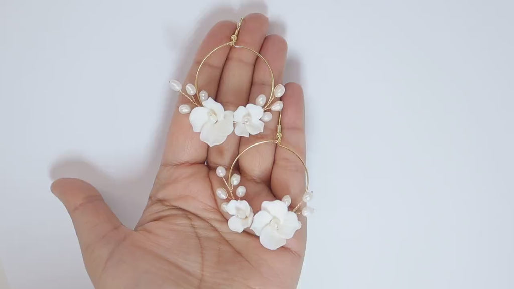 Natural Cultured Pearl Ceramic White Flower Dangle Hoop Earrings, Bridal Jewelry, Pearl Bridal Earrings, Statement DangleEarrings