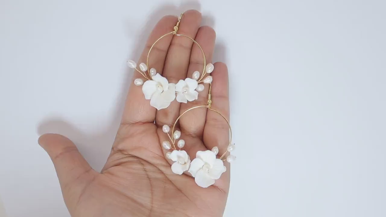 Natural Cultured Pearl Ceramic White Flower Dangle Hoop Earrings, Bridal Jewelry, Pearl Bridal Earrings, Statement DangleEarrings