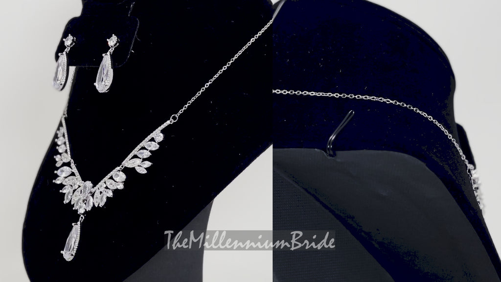 Swarovski Bridal Wings Leaves Drop Necklace Set, Long Bridal Jewelry, Bridal Earrings And Necklace, Statement Earrings Cz Necklace Set