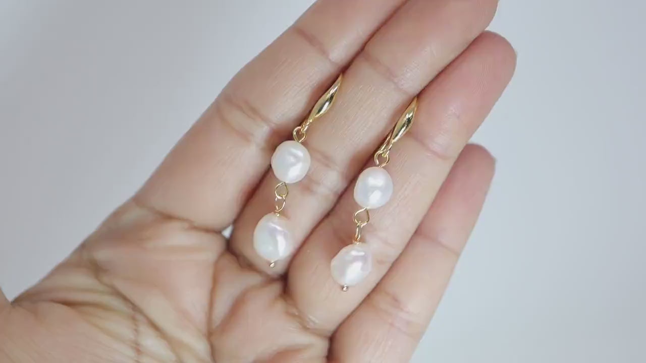 2 Freshwater Cultured pearl Bezel Hook Earrings, Long Bridal Jewelry, Gold Pearl Bridal Earrings, Statement Earrings.