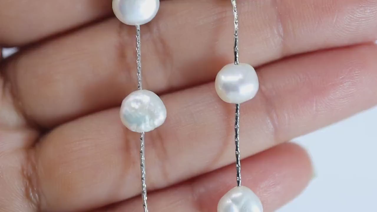 3 Freshwater Cultured pearl Bezel Earrings, Long Bridal Jewelry, Sterling Silver Pearl Bridal Earrings, Statement Earrings.
