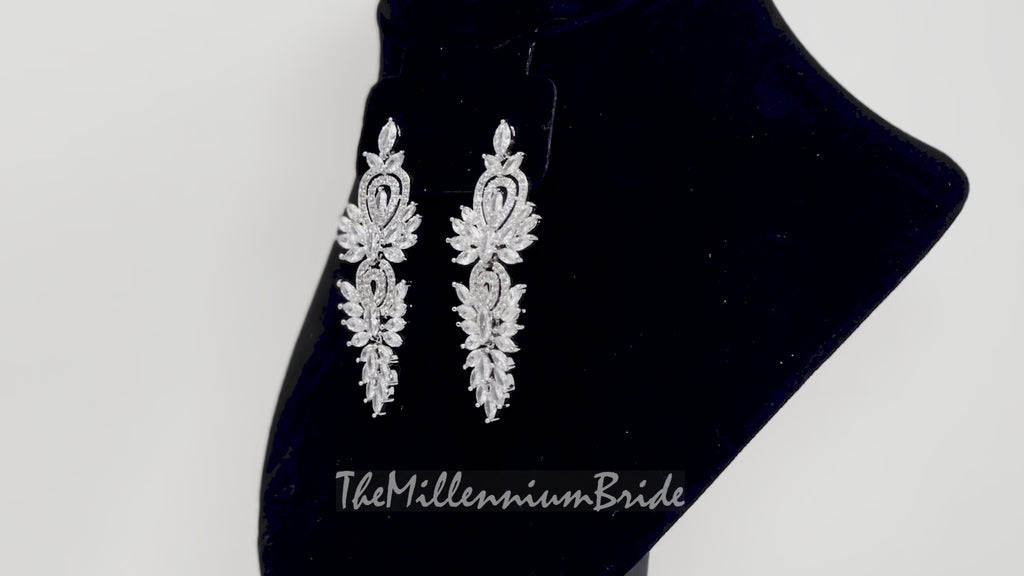 Cubic Zirconia Diamond/Crystal Leaf Earrings, Long Bridal Jewelry, Bridal Earrings, Crystal Bridal Earrings, Statement Earrings Cz