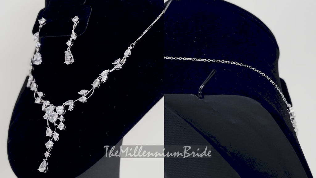Swarovski Crystal Vine Leaves Drop Necklace Set  , Bridal Jewelry, Bridal Earrings And Necklace, Statement Earrings Cz Necklace Set