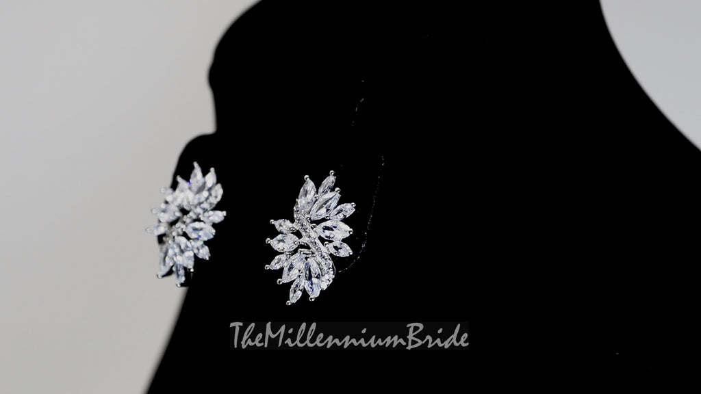 Cubic Zirconia Diamond Leaves stud Earrings, Bridal Jewelry, Bridal Stud Earrings, Crystal Bridal Earrings, Statement Earrings Cz
