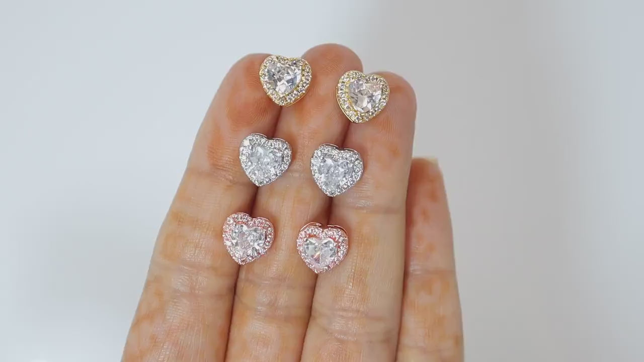Cubic Zirconia Heart stud Earrings, Bridal Jewelry, Bridal Stud Earrings, Crystal Bridal Earrings, Statement Earrings Cz