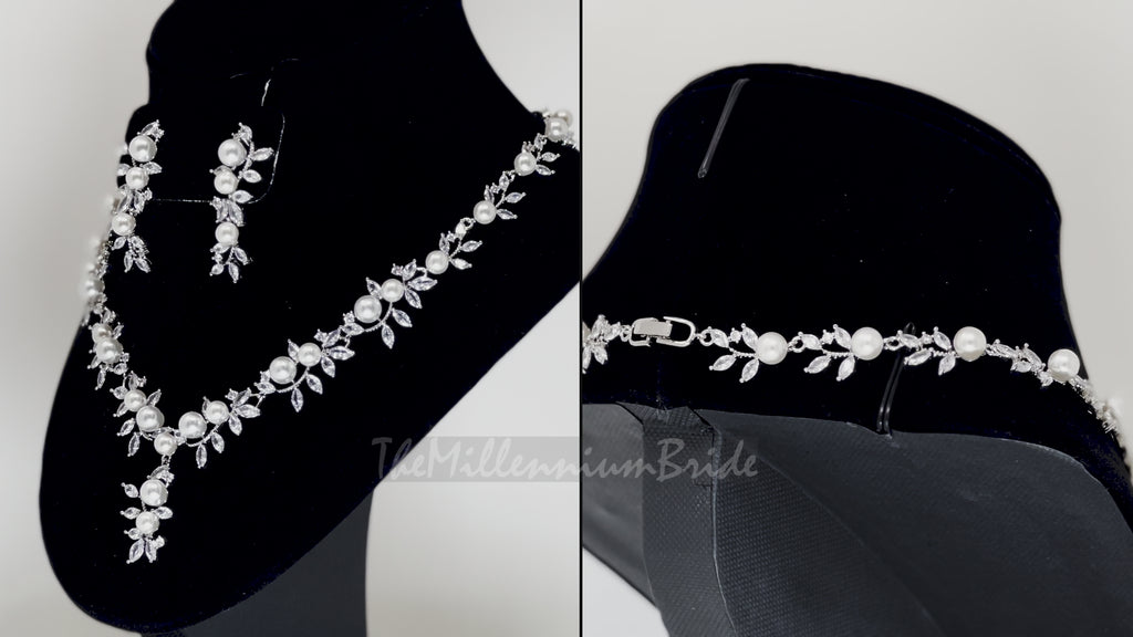 Swarovski Crystal Large Pearl Vine Leaves Necklace, Long Bridal Jewelry, Bridal Earrings And Necklace, Statement Earrings Cz Necklace Set.