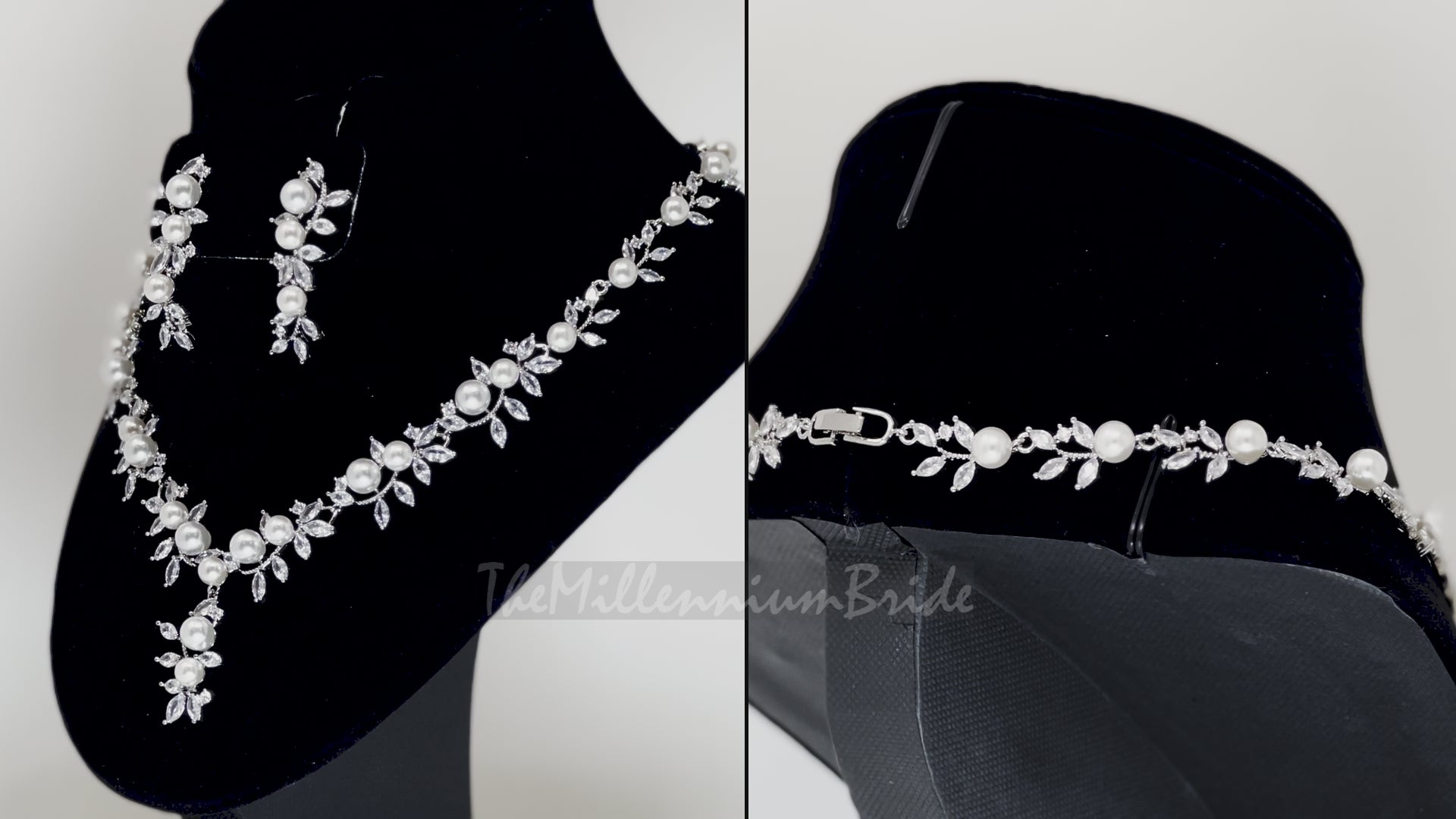 Swarovski Crystal Large Pearl Vine Leaves Necklace, Long Bridal Jewelry, Bridal Earrings And Necklace, Statement Earrings Cz Necklace Set.