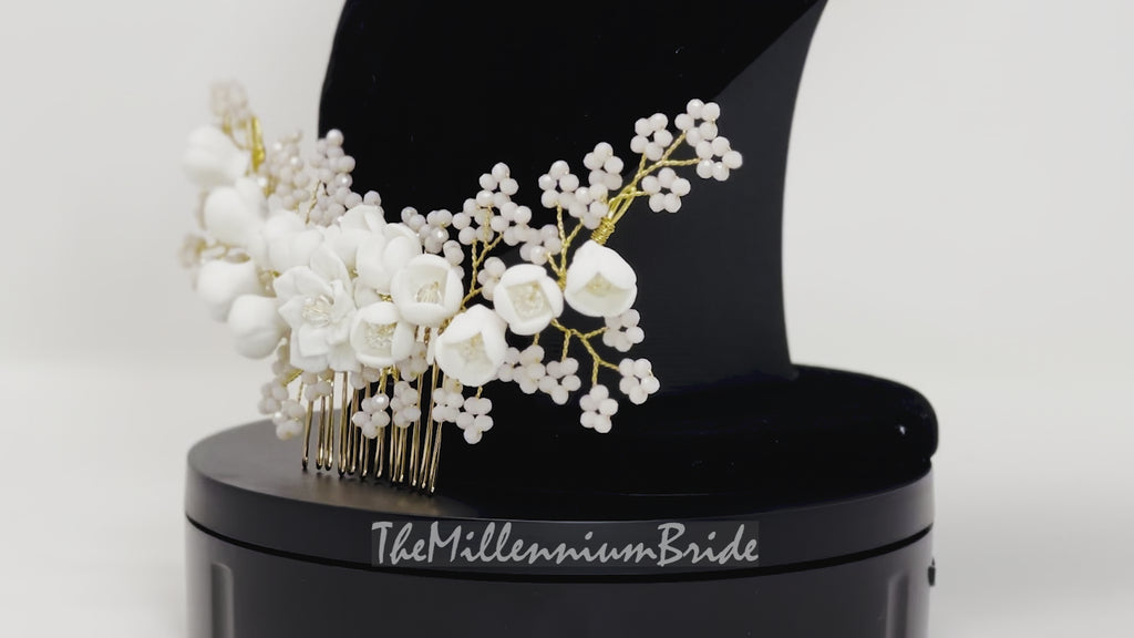Swarovski Crystals Large Ceramic White flower & Tiny Baby Pink Flowers, Bridal Hair piece, Bridal Hair Accessories, Wedding Hair Comb