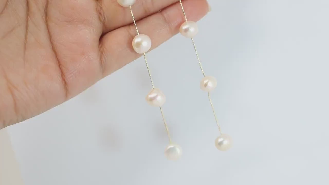 14k Gold 5 Freshwater Cultured pearl Bezel Earrings, Long Bridal Jewelry, Sterling Silver Pearl Bridal Earrings, Statement Earrings.