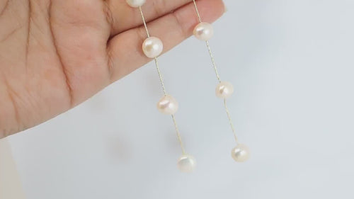 14k Gold 5 Freshwater Cultured pearl Bezel Earrings, Long Bridal Jewelry, Sterling Silver Pearl Bridal Earrings, Statement Earrings.