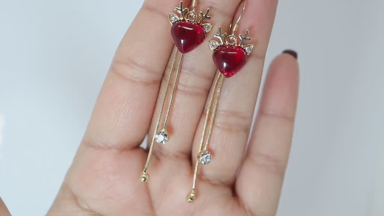 Gold Reindeer's Red Heart Rhinestone tassel Christmas Themed earrings, Long Tassel Christmas Earrings Statement Christmas earrings.