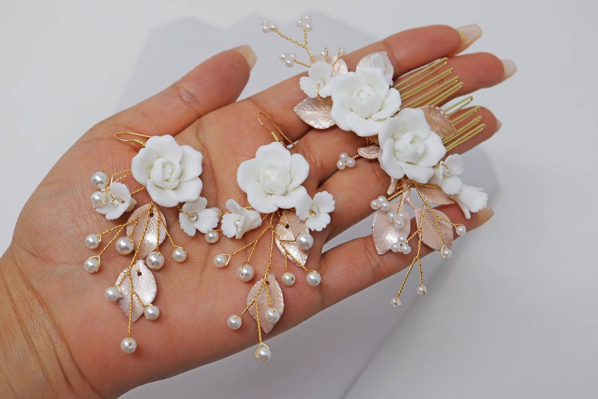 Baroque Style Ceramic White flower Bridal Earring & Hair piece, Bridal Hair Accessories, Wedding Hair Accessory.