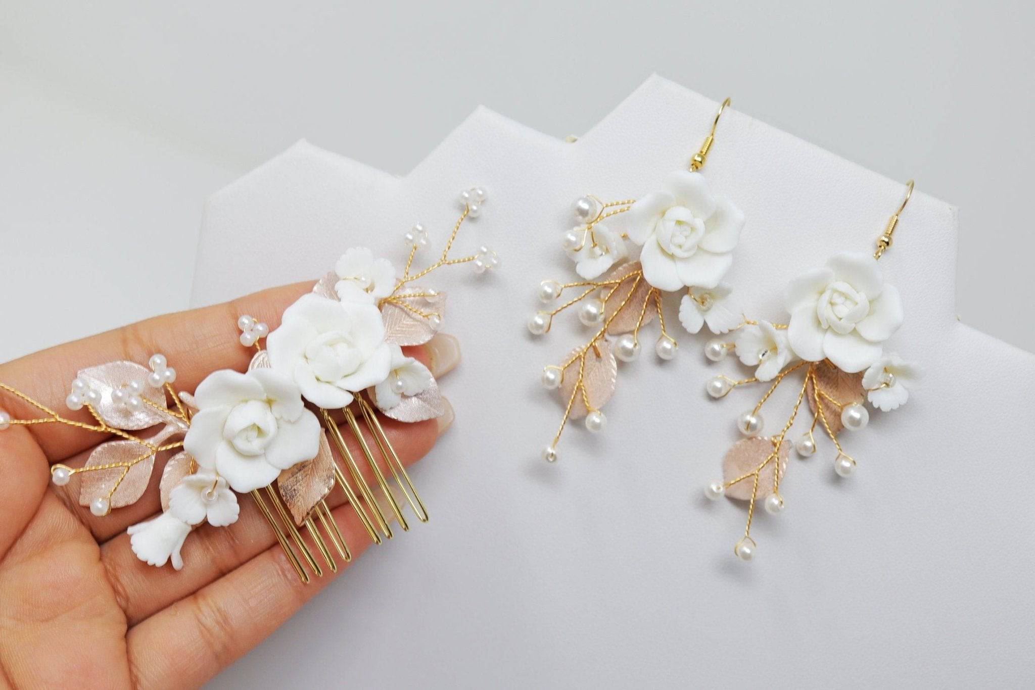 Baroque Style Ceramic White flower Bridal Earring & Hair piece, Bridal Hair Accessories, Wedding Hair Accessory.