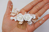 Baroque Style Ceramic White flower Bridal Earring & Hair piece, Bridal Hair Accessories, Hair Comb