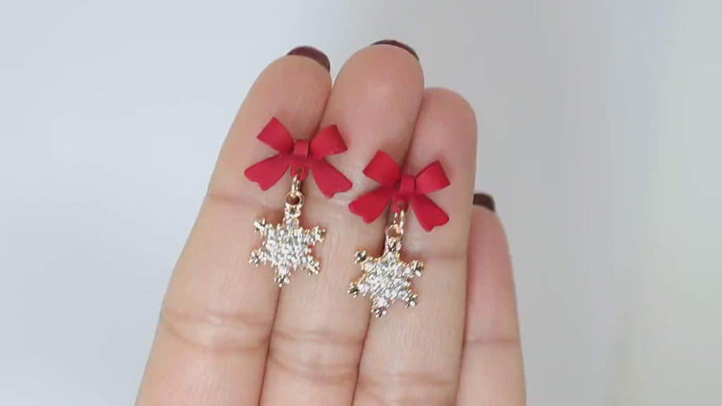 Red Bow Gold Crystal Snowflake Drop Christmas Themed earrings, Star Christmas Earrings Statement Christmas earrings.