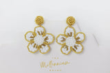 Beaded white Gold Flower Drop Earrings, Bridal Jewelry, Bridal Beaded Earrings, Crystal Bridal Earrings, Statement Earrings