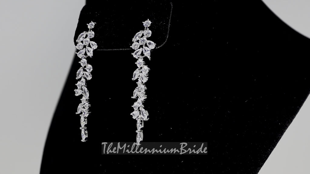 Cubic Zirconia Leaves Crystal/Diamond Earrings, Long Bridal Jewelry, Bridal Earrings, Crystal Bridal Earrings, Statement Earrings Cz