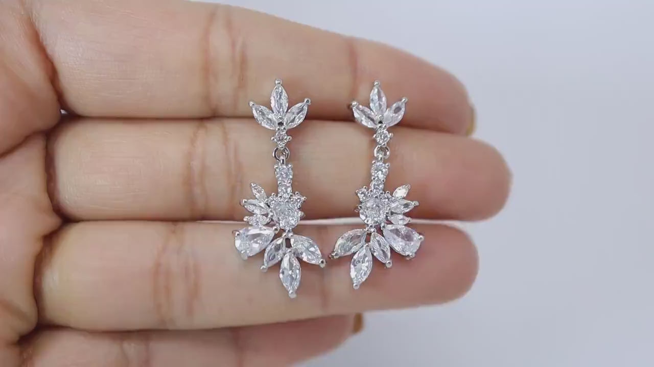 Swarovski Crystal Lotus Leaves Flower Dainty Earrings, Bridal Jewelry, Bridal Earrings, Crystal Bridal Earrings, Statement Earrings Cz