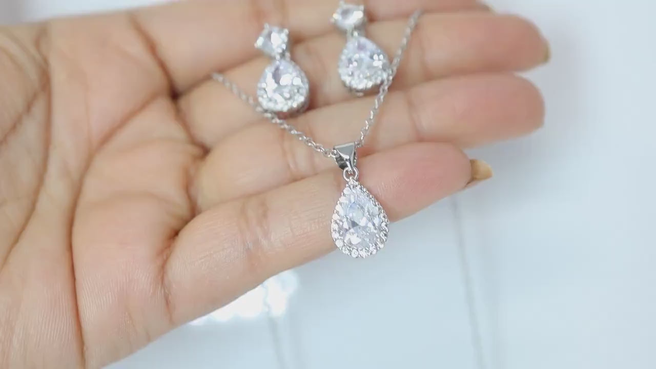 Swarovski Crystal Sterling Silver Dainty Teardrop Necklace And Earrings Set , Bridal Jewelry, Statement Earrings Cz, Necklace Set