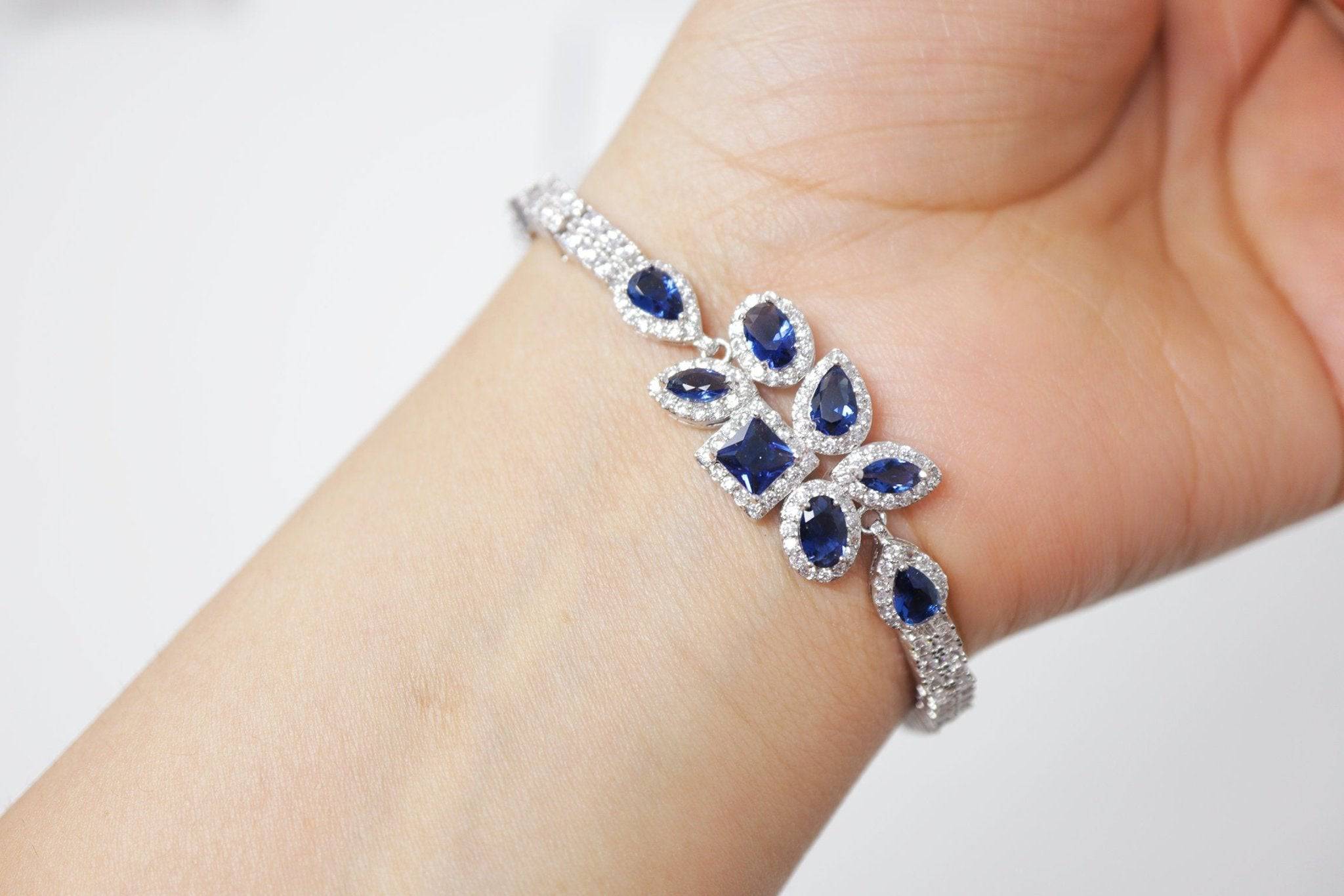 Cubic Zirconia Blue Drop Crystal/Diamond Earrings, Long Bridal Jewelry, Bridal Earrings, Crystal Bridal Earrings, Statement Earrings Cz