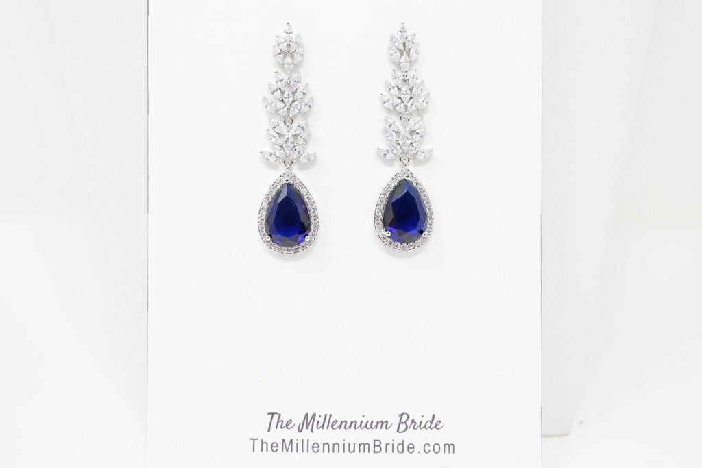 Cubic Zirconia Blue Drop Crystal/Diamond Earrings, Long Bridal Jewelry, Bridal Earrings, Crystal Bridal Earrings, Statement Earrings Cz