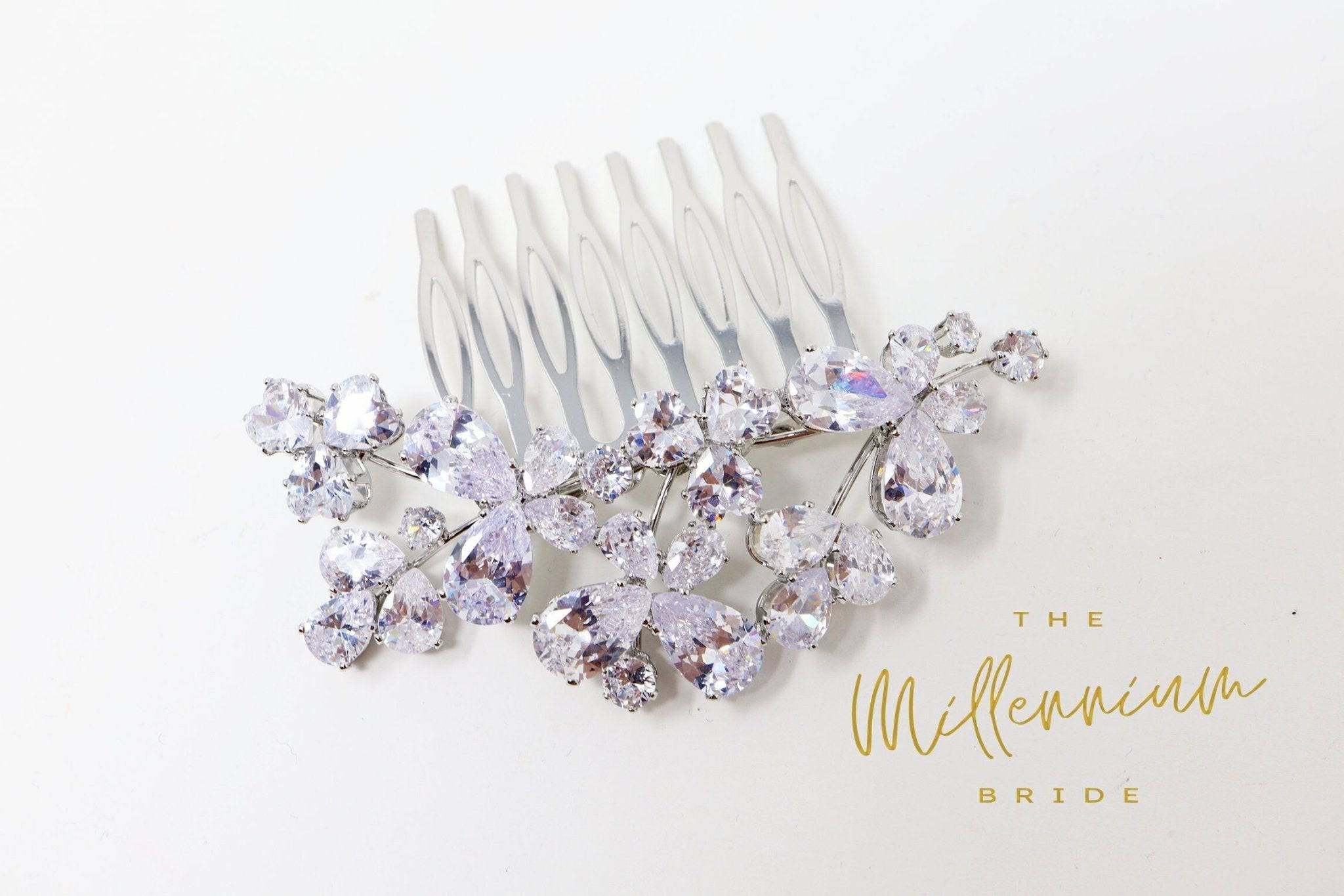 Cubic Zirconia, Diamond Butterfly Floral Bridal Hair Comb, Bridal Hair Accessories, Wedding Hair Accessory, Bridal Hair Comb.