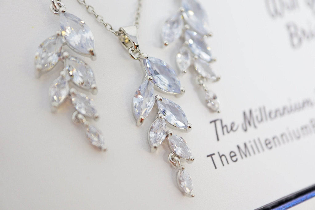 Cubic Zirconia Diamond/ Crystal Leaves, Long Bridal Jewelry, Bridal Earrings And Necklace, Crystal Bridal Earrings, Statement Earrings Cz